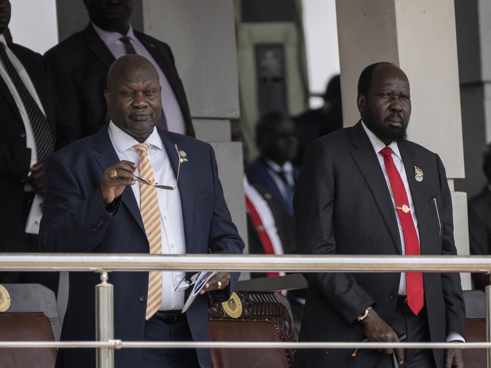 South Sudan's President Salva Kiir, right, and Vice President Riek Machar, left in Juba, South Sudan Sunday, Feb. 5, 2023.