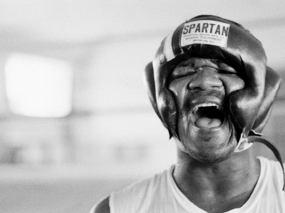 George Foreman yells, Oct. 15, 1974, in N'Sele, Kinshasa, Zaire.