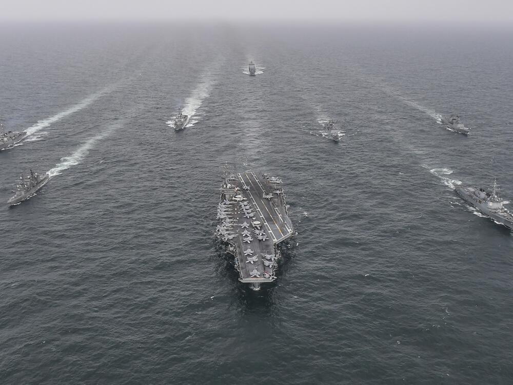 South Korean and U.S. Navy vessels steam in formation during a joint naval exercise in international waters off South Korea's southern island of Jeju at an undisclosed location on April 4, 2023.