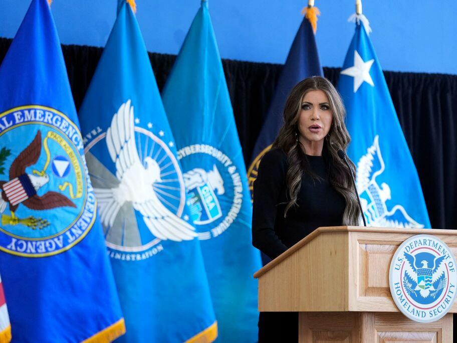 Secretary of Homeland Security Kristi Noem speaks to staff at DHS headquarters in Washington, D.C., on Jan. 28.