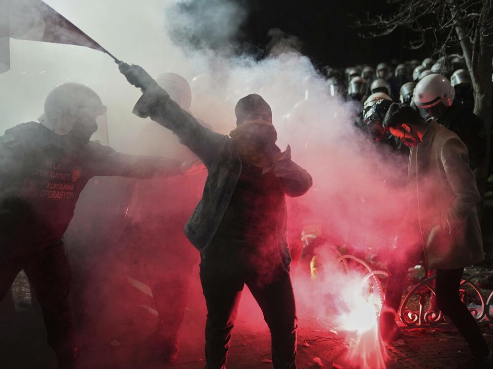 A protester shouts slogans during a protest against the arrest of Istanbul's Mayor Ekrem Imamoglu, in Istanbul, Turkey, on Saturday.