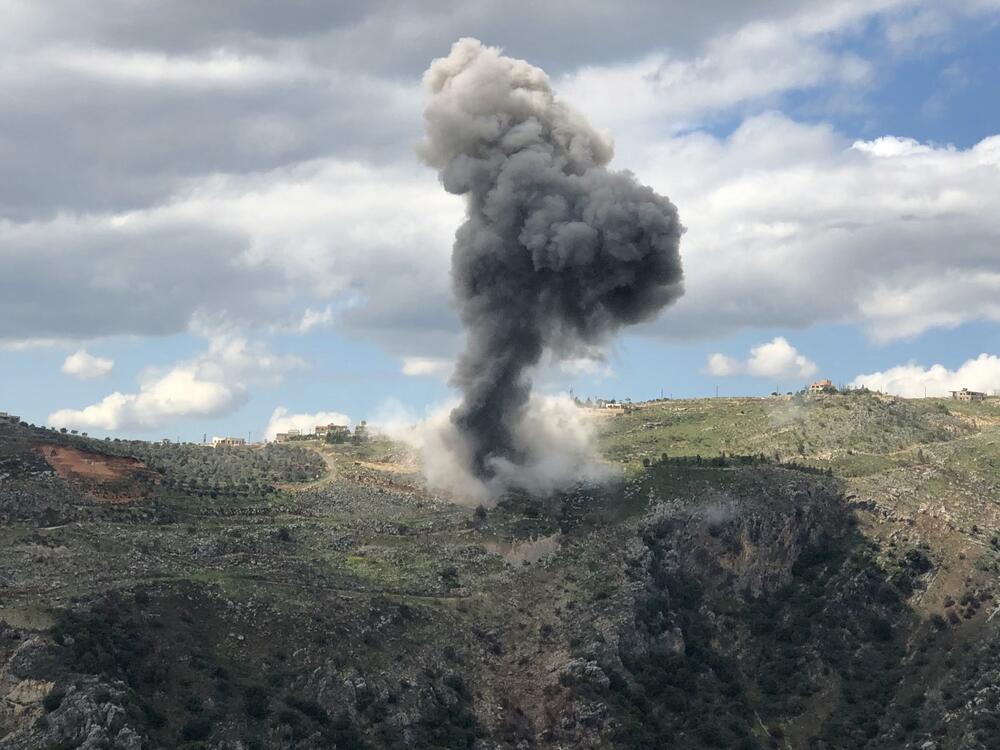 Smoke billows from the site of Israeli artillery shelling that targeted the area of the southern Lebanese village of Yohmor on Saturday.