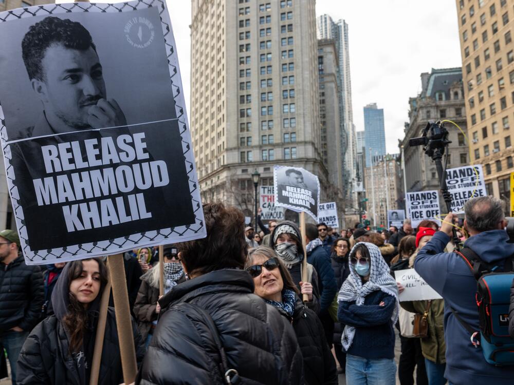 Hundreds stand outside of a New York court to protest the arrest and detention of Mahmoud Khalil, a green card holder who was arrested by federal immigration agents in New York City.