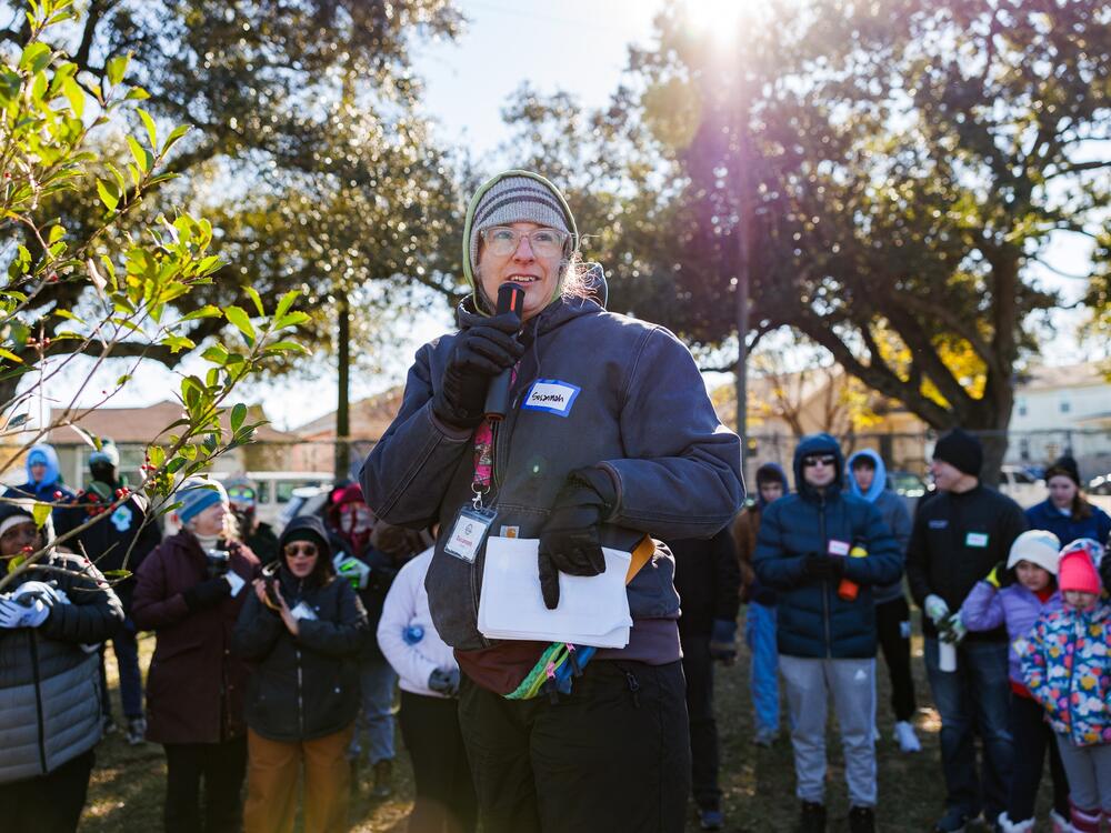 Susannah Burley, executive director of the New Orleans nonprofit Sustaining Our Urban Landscape, spoke to volunteers helping plant trees in the Lower 9th Ward on January 20, 2025. Soon after that, the U.S. Forest Service canceled funding for the program.
