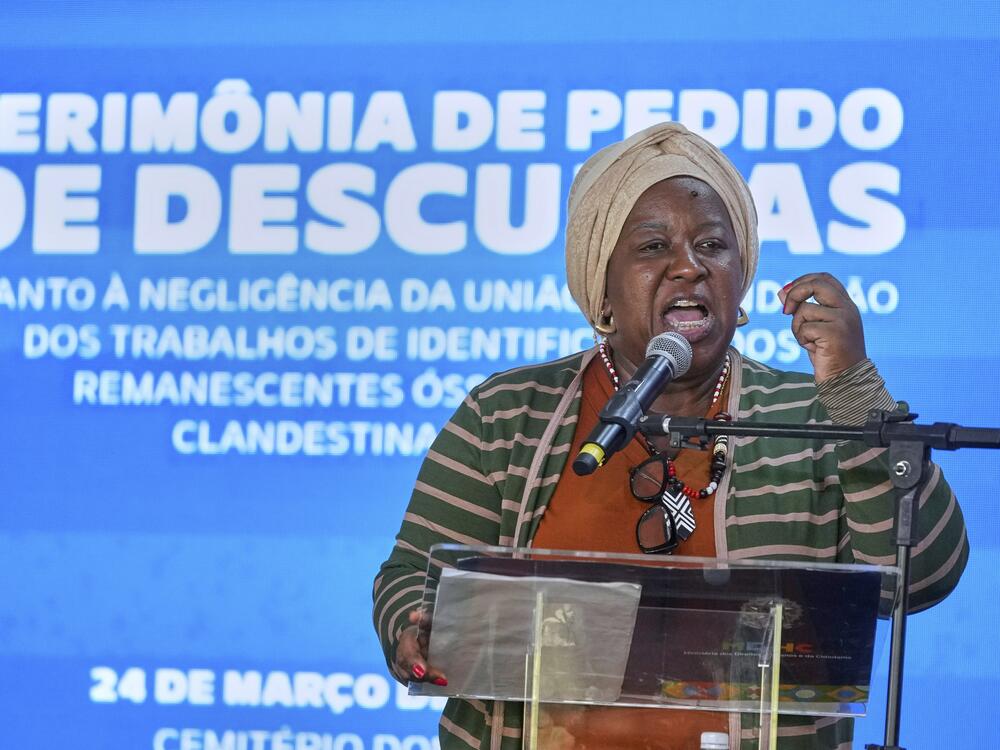 Brazilian Minister of Human Rights Macae Evaristo speaks at a government ceremony to apologize to families of victims of the country's military dictatorship (1964-1985) at the Dom Bosco cemetery in Sao Paulo, Monday, March 24, 2025.