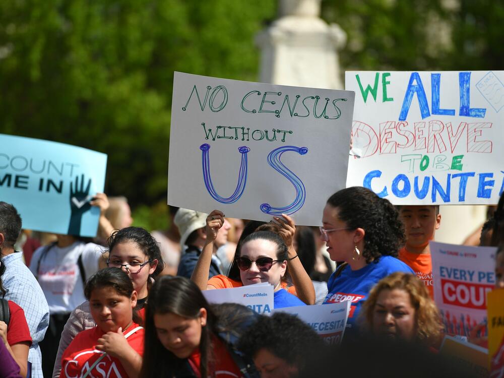 Demonstrators rally outside the U.S. Supreme Court in 2019 to protest the first Trump administration's failed push for a question about a person's U.S. citizenship status to be added to 2020 census forms.