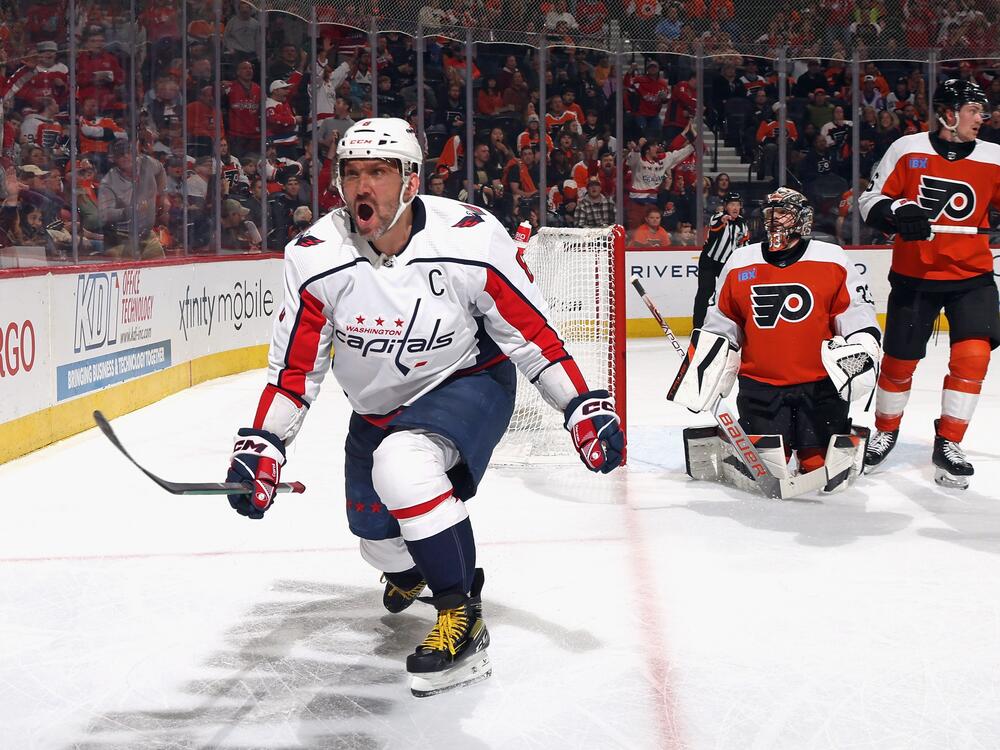 Alex Ovechkin of the Washington Capitals celecrates after scoring against the Philadelphia Flyers on April 16, 2024, in Philadelphia. He entered the NHL in 2005 and is now in his 20th season.