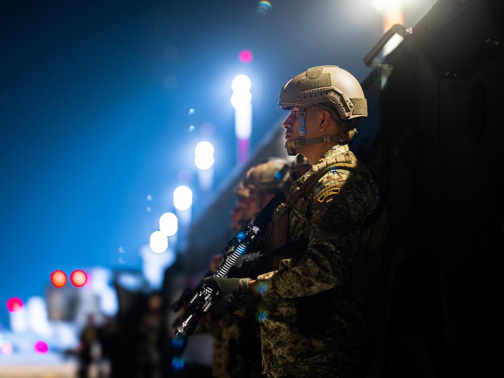 Members of the Salvadoran army stand guard at the CECOT prison in Tecoluca, El Salvador, on March 16. The Trump administration deported alleged members of the Tren de Aragua gang and others to El Salvador.
