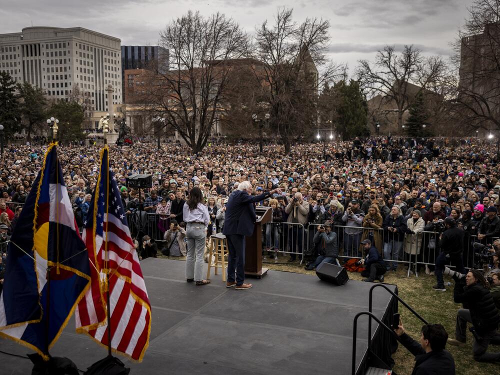 Sen. Bernie Sanders, I-Vt., speaks during a rally on Friday at Civic Center Park in Denver. Sanders' communications director said the crowd numbered 30,000, a new record for a Sanders event.