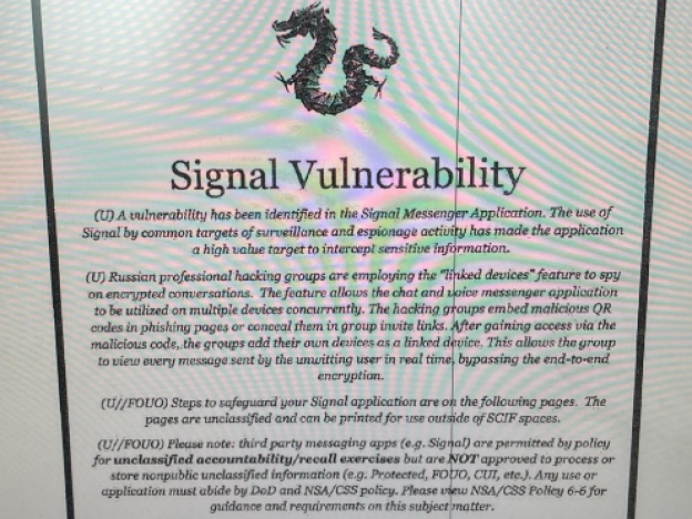 A screengrab of a page from a Pentagon-wide memo warning against using the messaging app Signal.