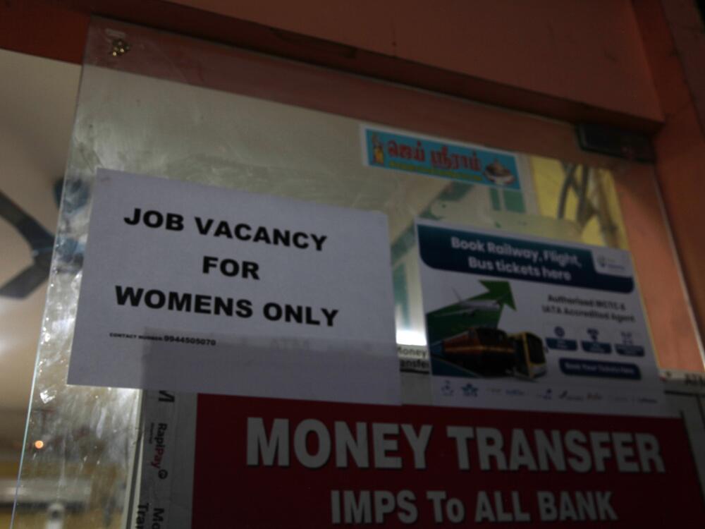 An advertisement for female workers at a labor-hire company in the district of Sriperumbudur in the southern Indian state of Tamil Naidu.