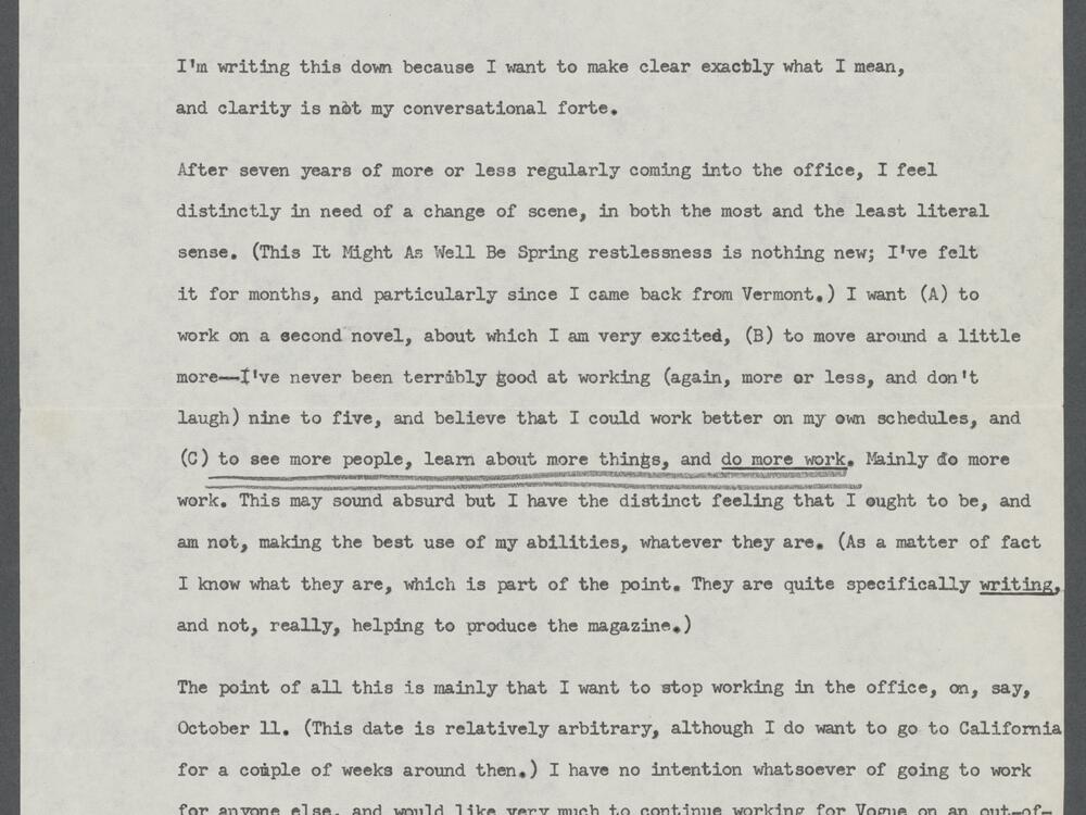 Joan Didion's letter to Miss Talmey at Condé Nast, 1960s.<br>