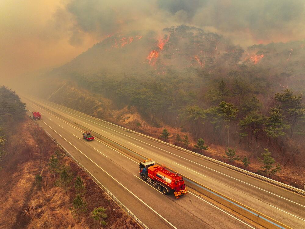 A road is closed as a wildfire fueled by strong winds spreads in Uiseong, South Korea on Monday.