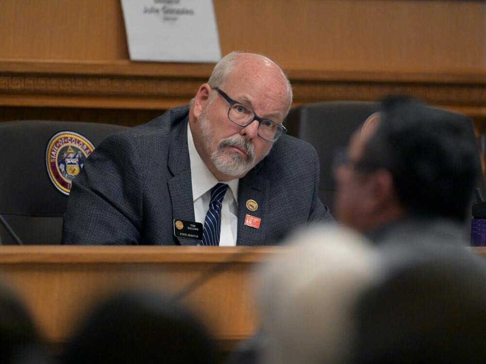 Sen. Tom Sullivan hears testimony of opponents of a bill at Old Supreme Court chamber of Colorado State Capitol building in Denver, Colo., on March 8, 2023.