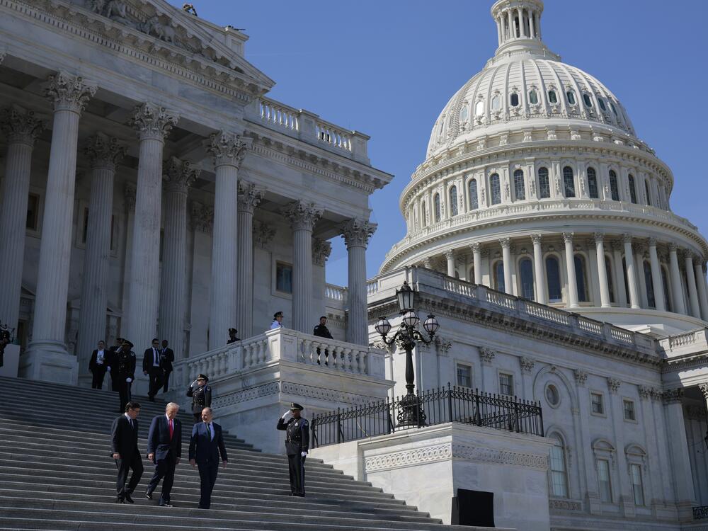 A view of the U.S. Capitol as (L-R) House Speaker Mike Johnson (R-LA), U.S. President Donald Trump and Irish Taoiseach Micheál Martin depart a luncheon on March 12, 2025 in Washington, DC.