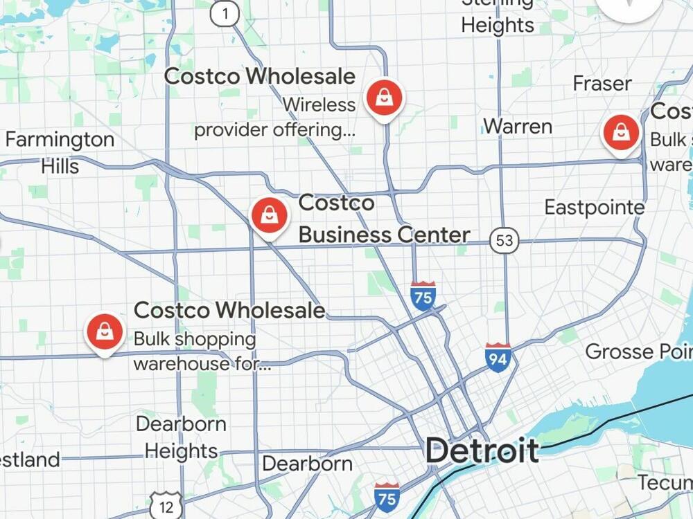 Map of Costcos in the area around Detroit and Windsor, Ontario, in Canada.