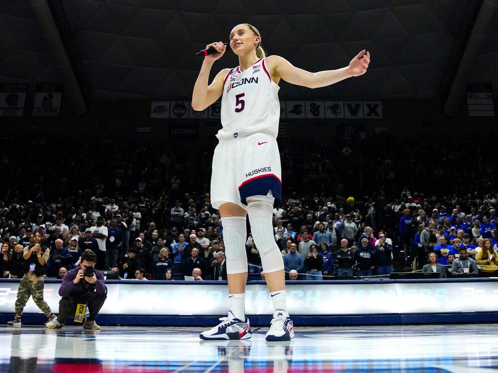 Paige Bueckers of the Connecticut Huskies speaks to fans following a second round game of the women's NCAA basketball tournament at the Harry A. Gampel Pavilion on March 24, 2025 in Storrs, Conn.