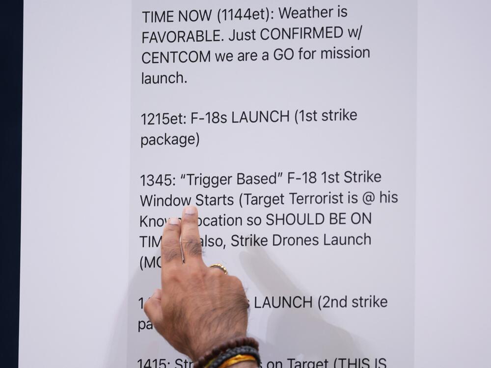 A House lawmaker points to text messages by Defense Secretary Pete Hegseth during an annual worldwide threats assessment hearing on March 26. The hearing, held by the House Permanent Select Committee on Intelligence, addressed Trump administration officials inadvertently including a journalist on a high-level Signal group chat discussing plans to bomb Houthi targets in Yemen.