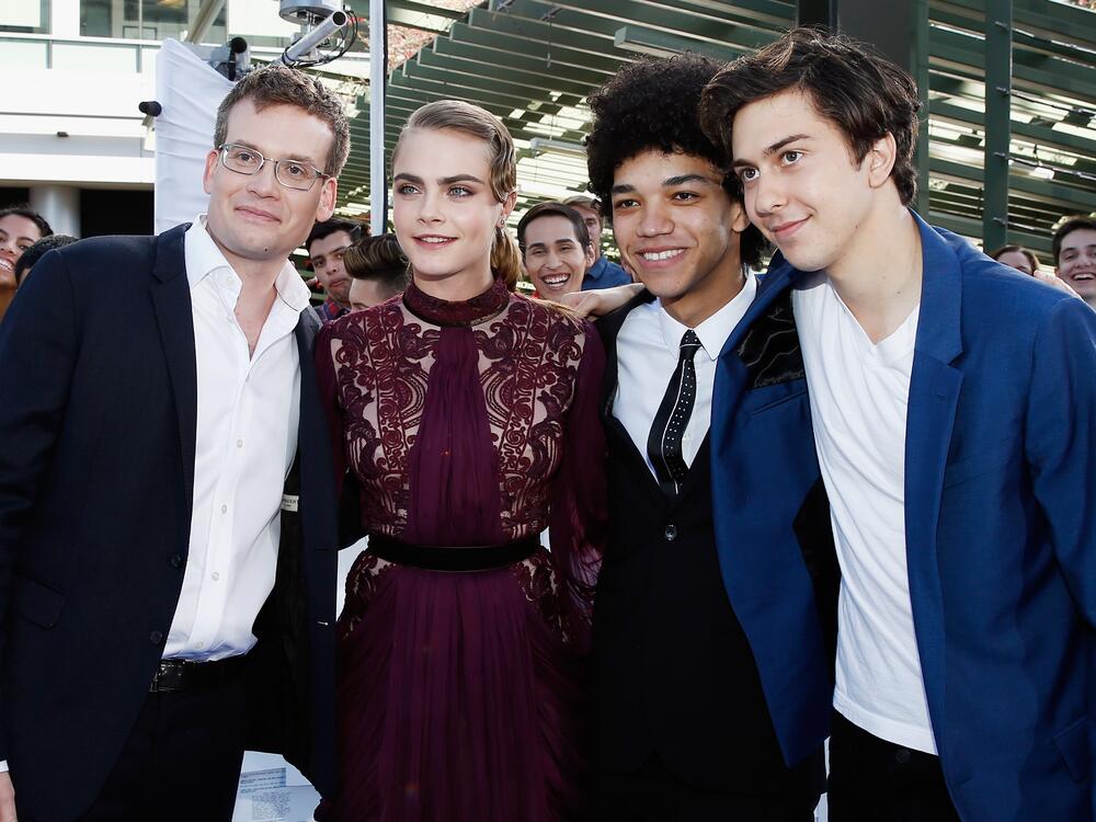 <em>Paper Towns</em> producer and writer John Green, actors Cara Delevingne, Justice Smith and Nat Wolff attend the 2015 MTV Movie Awards in Los Angeles.