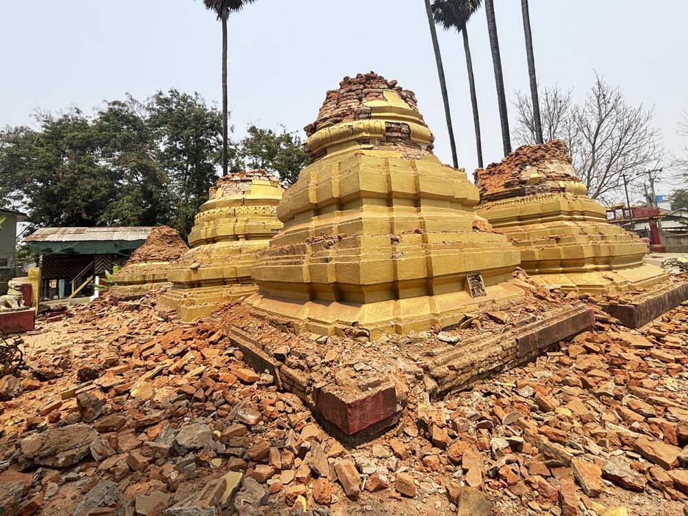 Damaged pagodas are seen after an earthquake on Friday.