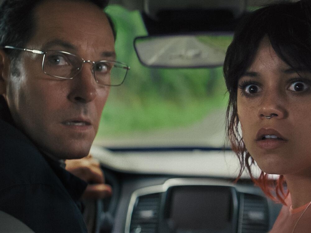 Paul Rudd and Jenna Ortega in <em>Death of a Unicorn</em>.