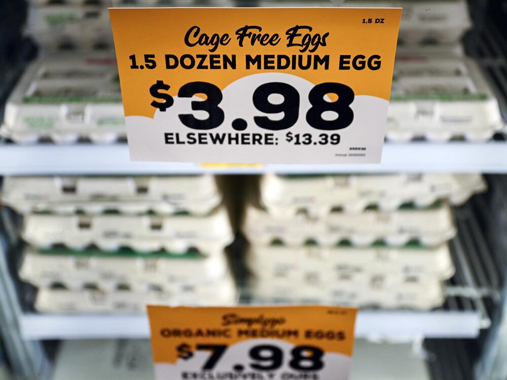 Signs in a grocery store in Hailey, Idaho, tout the price of eggs compared to competitors. Egg prices have risen during the fight against bird flu — and U.S. Customs and Border Protection says its agents are intercepting more eggs at the border, as people try to bring them in without authorization.