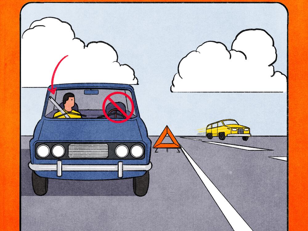 Sitting in the passenger's seat can be safer than sitting in the driver's seat if you're parked on the right shoulder of the road awaiting help. And remember to buckle up.