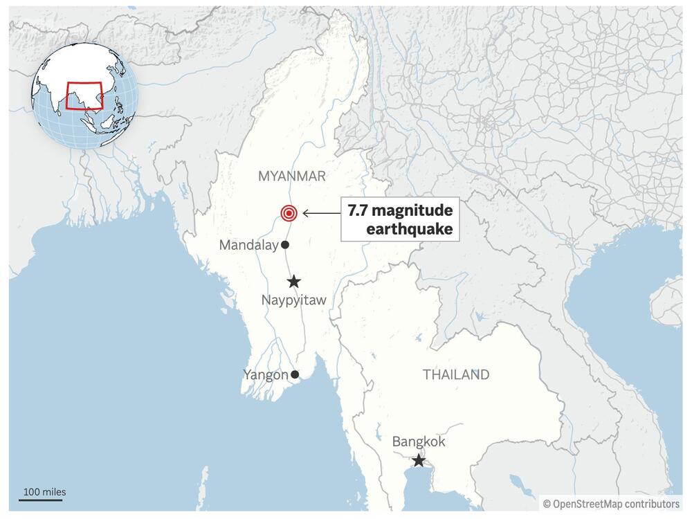 The map above shows the epicenter of a 7.7 magnitude earthquake in Myanmar.