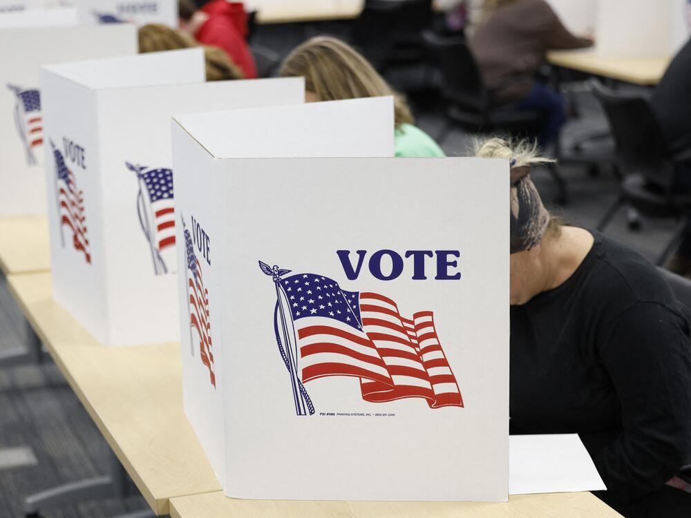 A man casts his ballot during early voting in Waukesha, Wis., on March 18.