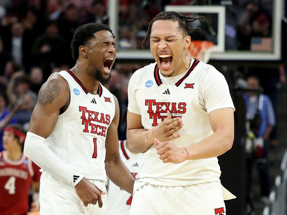 Darrion Williams, right, and Kevin Overton of the Texas Tech Red Raiders react after Williams scored a three-point basket to tie the game during the second half in the West Regional Sweet Sixteen round of the NCAA Men's Basketball Tournament at Chase Center on March 27, 2025, in San Francisco.