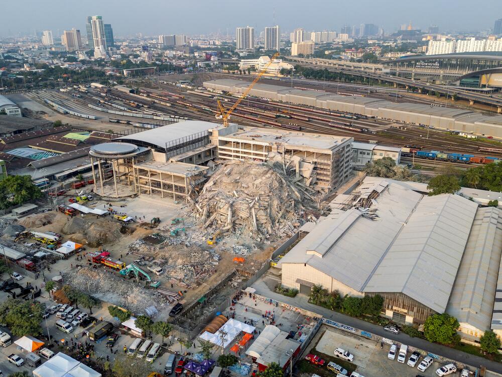 This aerial photograph shows the site of an under-construction building collapse in Bangkok on March 29, 2025, a day after an earthquake struck central Myanmar and Thailand.