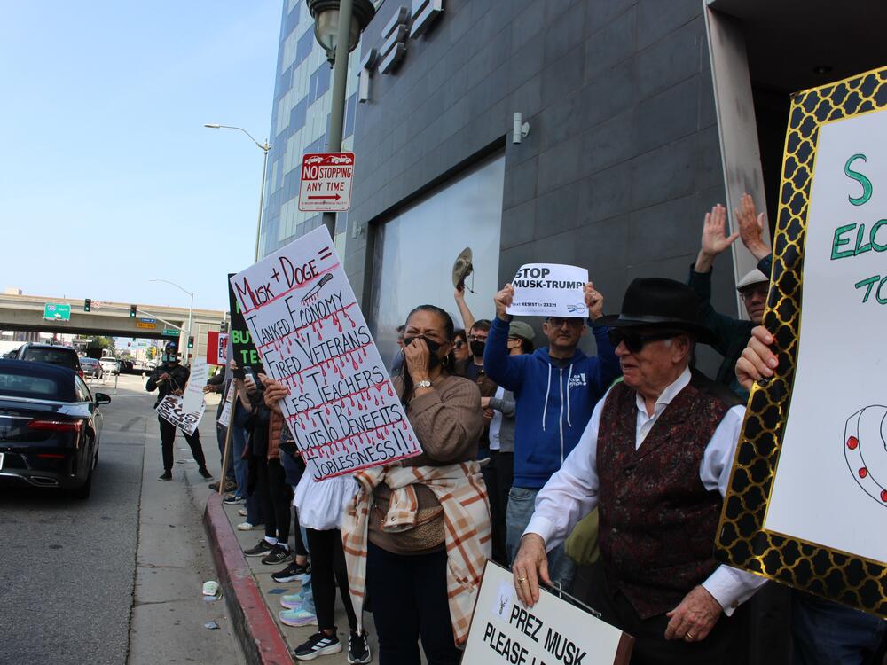 At least 100 people showed up to a Tesla Takedown protest on the sidewalk outside a Tesla service center in West Los Angeles on Saturday.