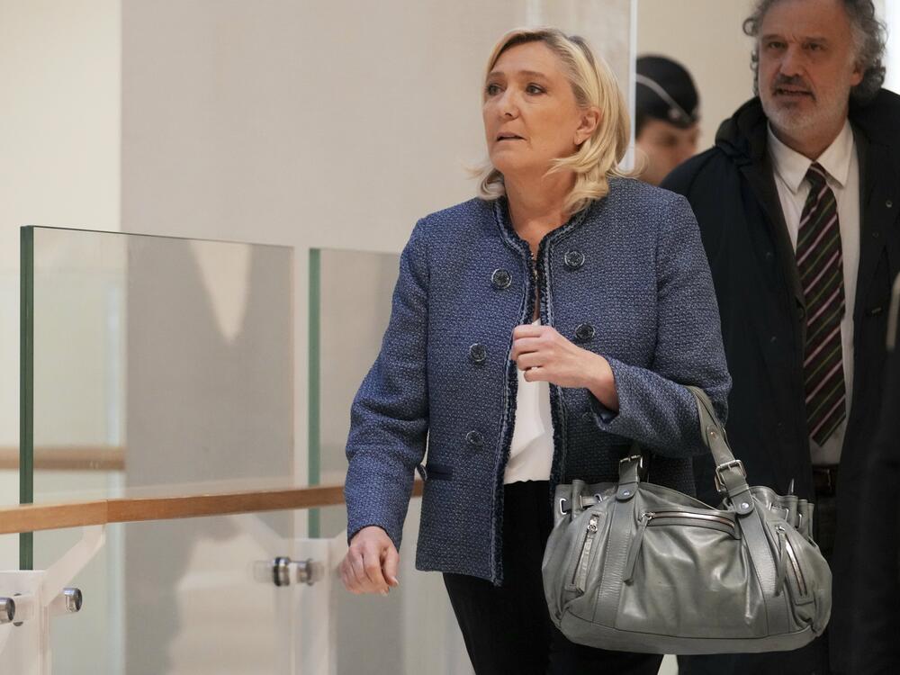 French far-right leader Marine Le Pen arrives at a Paris court expected to deliver a verdict in an embezzlement case that could shake up French politics and derail far-right leader Marine Le Pen's career Monday, March 31, 2025 in Paris.
