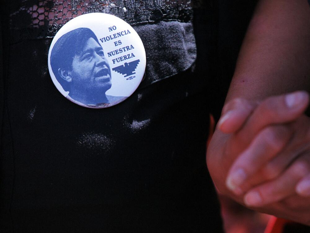 A Cesar Chavez button is seen in El Paso, Texas, during a celebration of the civil rights leader on March 31, 2000.