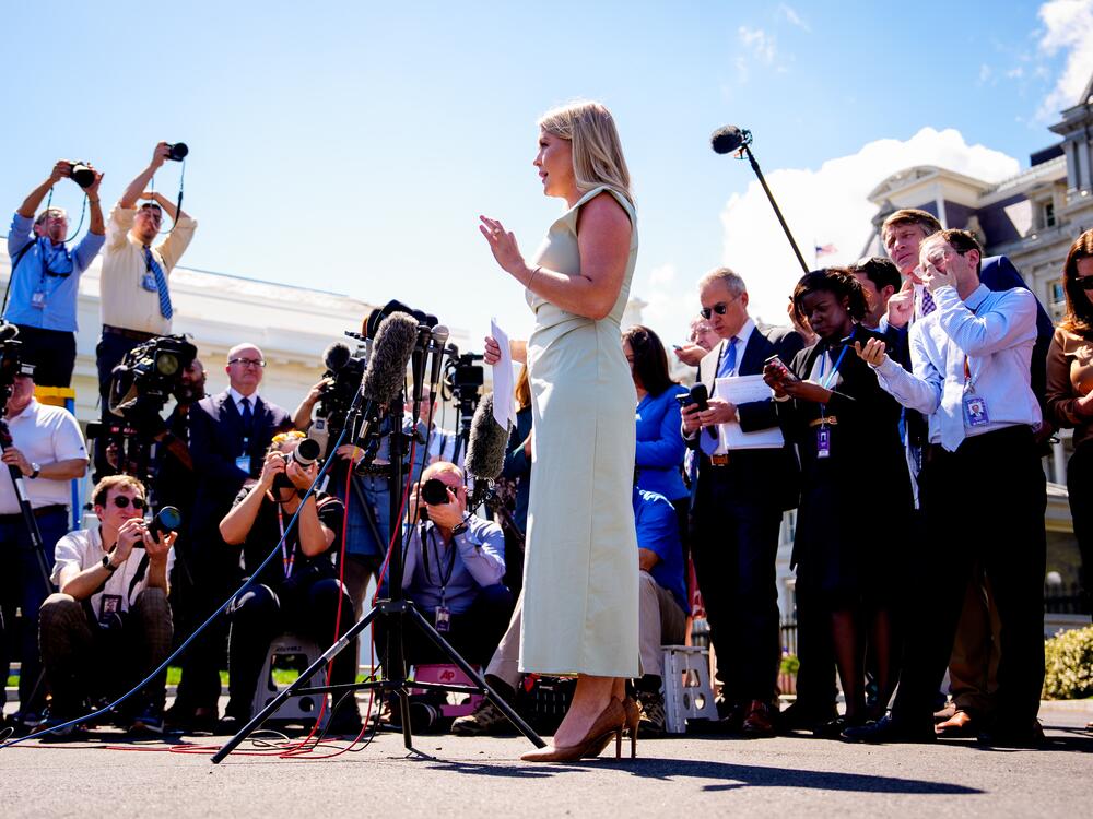 White House press secretary Karoline Leavitt speaks to reporters on the White House driveway on March 31, 2025.