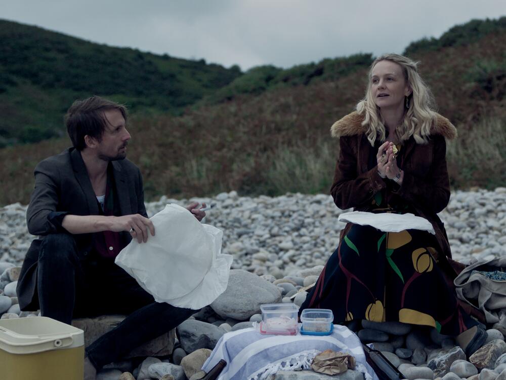 Tom Basden, left, as Herb McGwyer, Carey Mulligan as Nell Mortimer and Tim Key as Charles in <em>The Ballad of Wallis Island.</em>