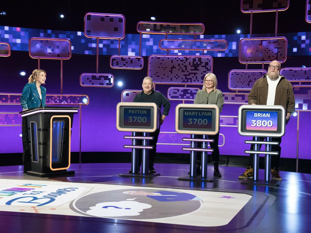 <em>After Midnight</em> host Taylor Tomlinson with guests Patton Oswalt, Mary Lynn Rajskub, Brian Posehn in an episode from January.