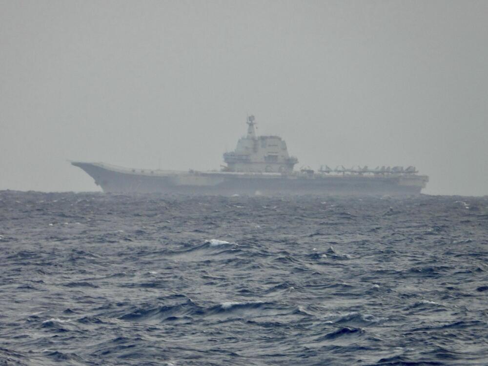 This image released by the Taiwan Ministry of National Defense shows China's Shandong aircraft carrier sailing near Taiwan on Monday, March 31, 2025.