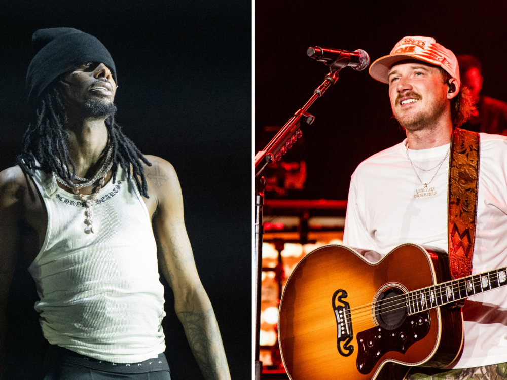 Left: Playboi Carti's supersized blockbuster <em>MUSIC</em> holds at No. 1 on the album chart in its second week of release, but Morgan Wallen (right) breaks a record for songs.