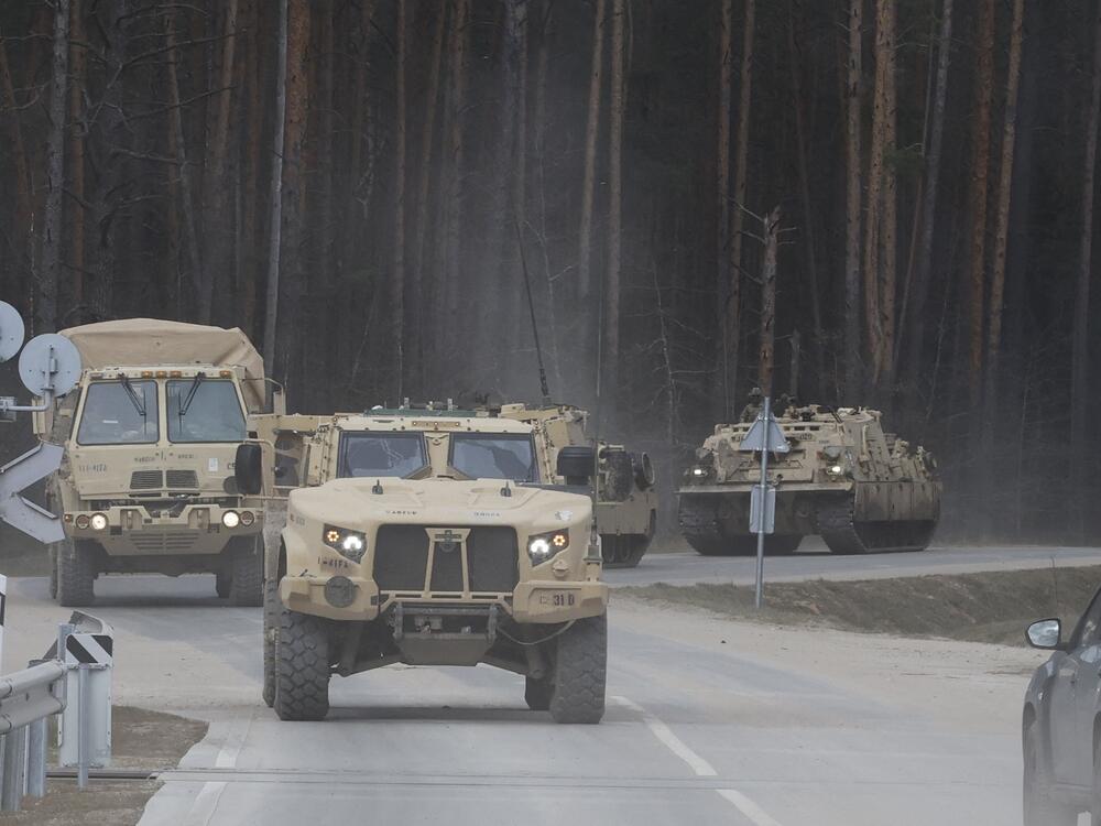 U.S. Army military vehicles, including two M88 Recovery vehicles, were part of recovery efforts for a missing U.S. Army soldier at a training range in Pabradė, Lithuania, on Tuesday.