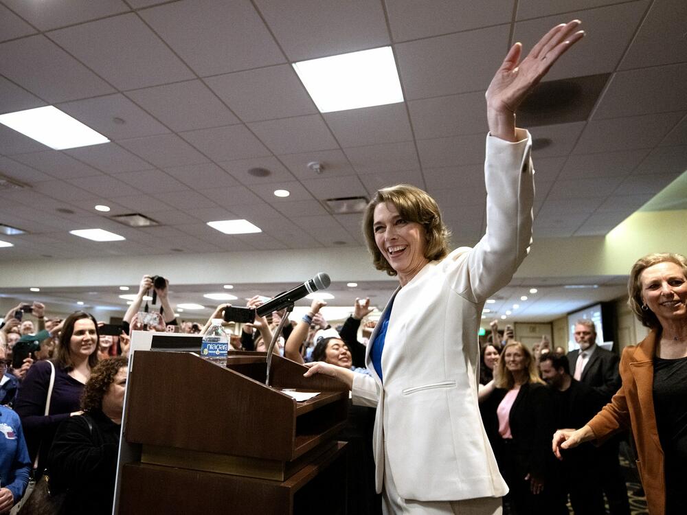 Judge Susan Crawford greets supporters in Madison, Wis., Tuesday after winning a seat on the Wisconsin Supreme Court.