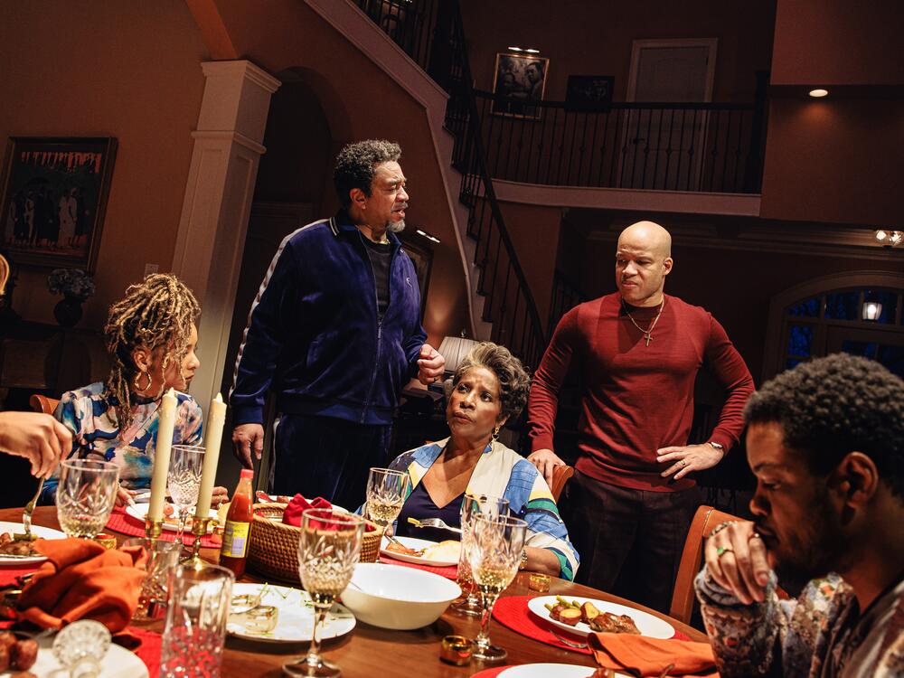 Left to right: Alana Arenas (Morgan), Kara Young (Aziza), Harry Lennix (Solomon), LaTanya Richardson Jackson (Claudine), Glenn Davis (Junior) and Jon Michael Hill (Naz) perform in a Broadway production of the play <em>Purpose</em>, written by Branden Jacobs-Jenkins and directed by Phylicia Rashad.
