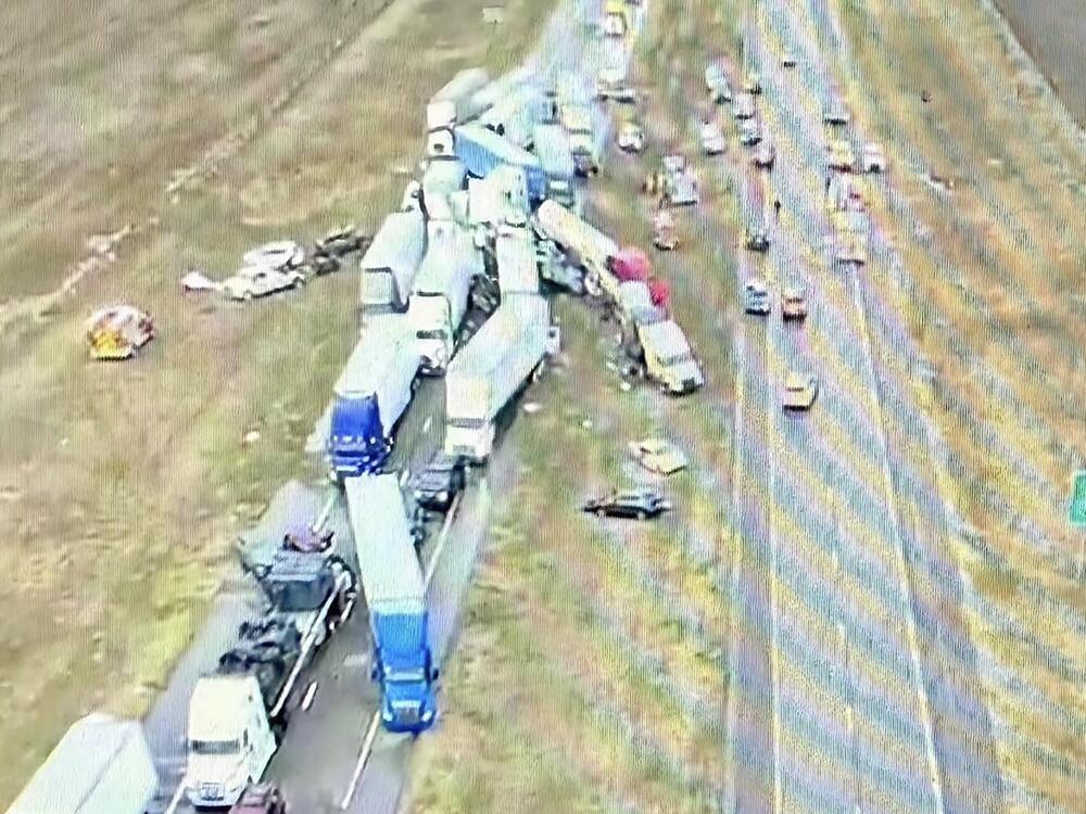 This image provided by the Kansas Highway Patrol shows the aftermath of a more than 70-car pileup on Interstate 70 near Goodland, Kan., caused by a dust storm on Friday, March 14.