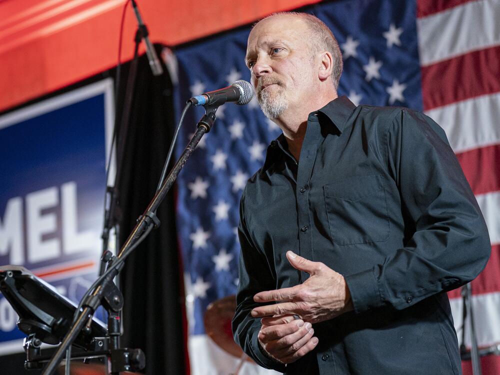 Judge Brad Schimel makes his concession speech to a crowd at his election night party Tuesday in Pewaukee, Wis.