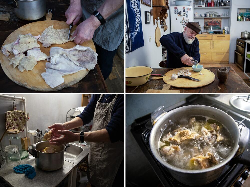 Top row: David Sulakauri cuts meat in smaller pieces for <em>khashi</em>, a Georgian soup, and cuts up garlic as well. Bottom row: Sulakauri finished up the soup and gets it ready to serve at his home in Tbilisi, Georgia. 