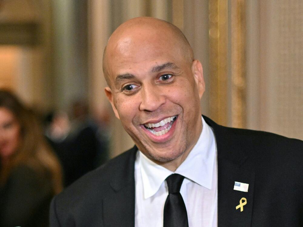 Sen. Cory Booker (D-NJ) speaks to the press at the U.S. Capitol in Washington on Wednesday. Booker spoke for more than 25 hours against President Trump's 