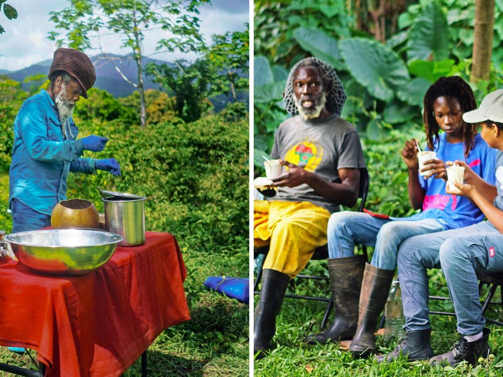 Left: Chef Tony Allen prepares the soup <em>ital sip</em> at his brother's family farm, the Twisting Creek Ital Farm, in Jamaica. Right: Farmers from the St. Thomas Parish share his soup.