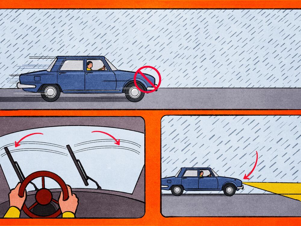 When driving in extremely rainy conditions, slow down<strong> </strong>and turn on your headlights.<strong> </strong>