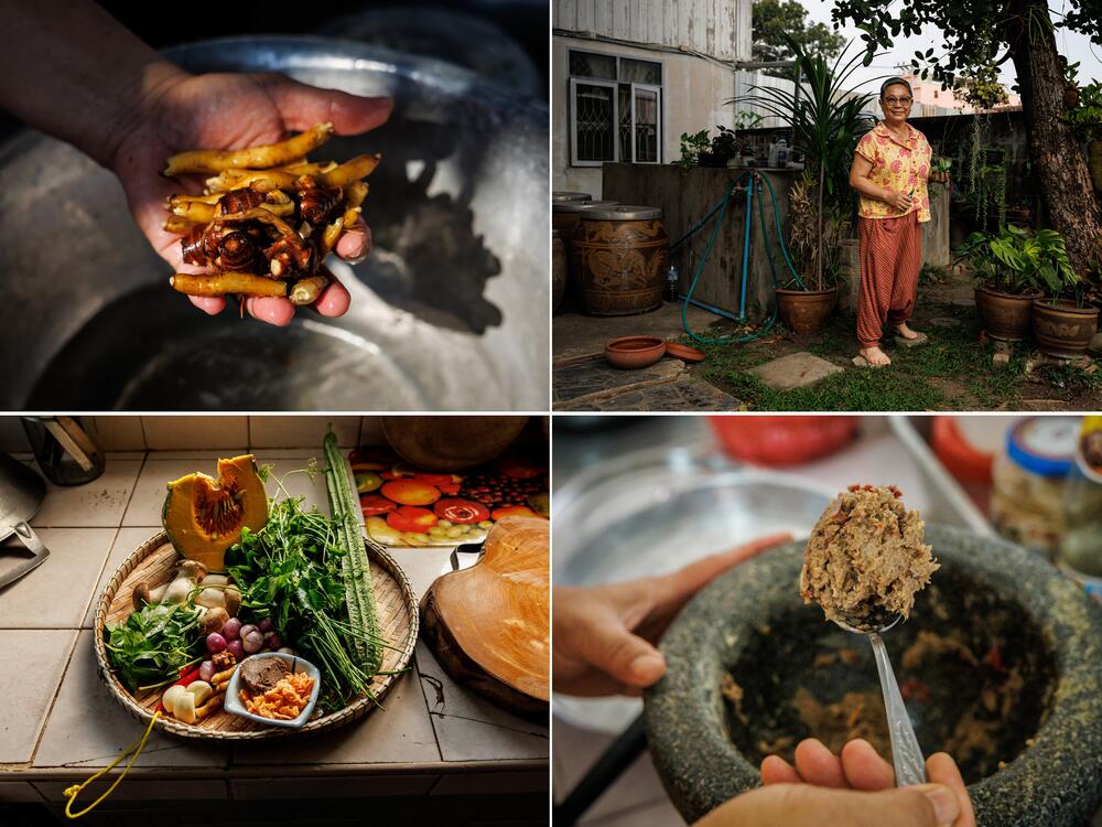 Top row: Hnoi Lathitham rinses a fingerroot she dug up in her garden. At top right, Lathitham in her garden. Bottom row: Ingredients for <em>gang liang</em> include garlic, shallots, fingerroot, mushrooms, pumpkin, ridge gourd, shrimp paste, dried shrimps and herbs. Lathitham scoops up a spoonful of ground garlic, shallots, shrimp paste, chiles and white pepper from a mortar and pestle.