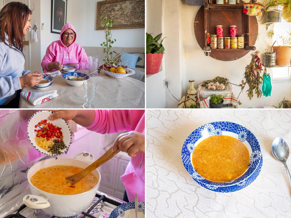 Top row: Neila Nahdi (center) and her sister Noura share a meal of <em>hsou </em>that Neila prepared. Spices and herbs in Neila's kitchen. Bottom row: Neila pours pickled lemons, pickled red peppers and capers into the pot, combining the essential ingredients.